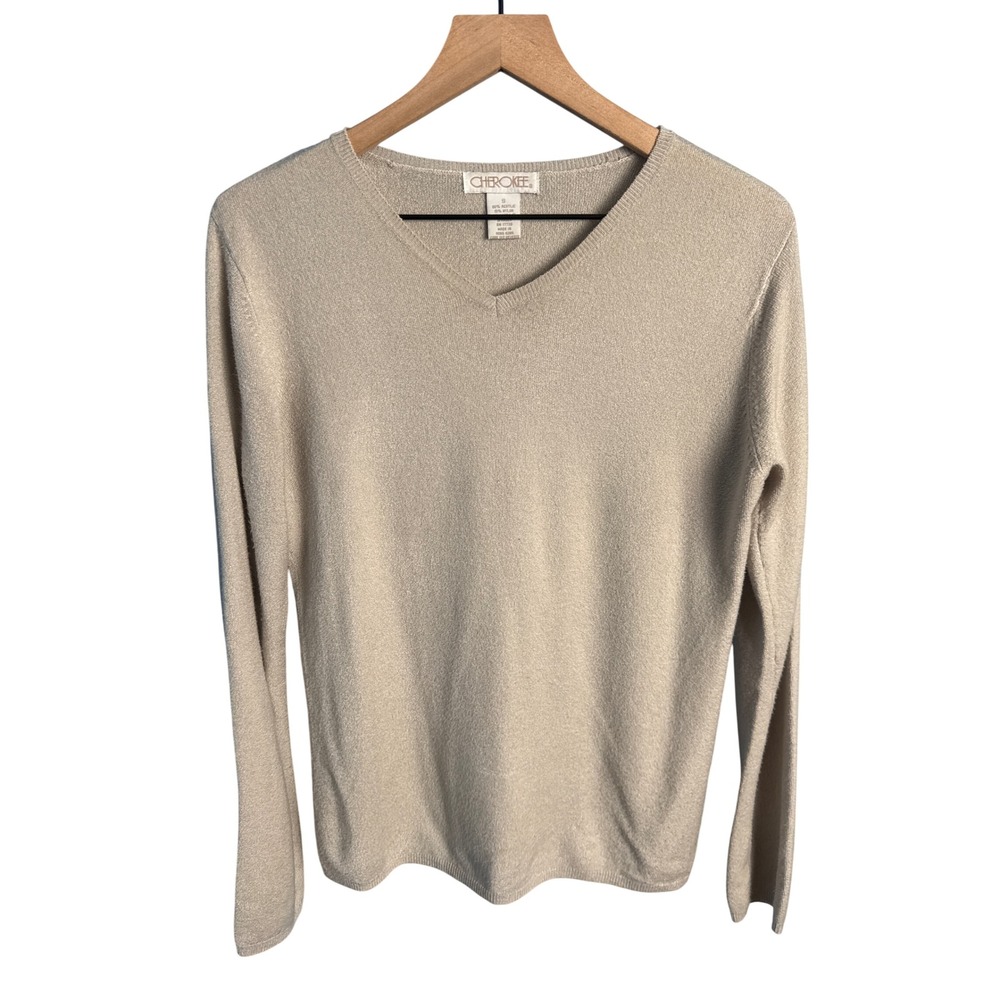 Cherokee Vintage 90s Y2K Beige Shimmer V-Neck Sweater Small Minimalist Coquette